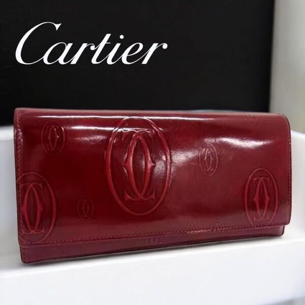 Cartier カルティエ ハッピーバースデー パテントレザー 二つ折り 長財布 小銭入れ 札入れ ボルドー系