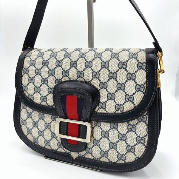 GUCCI オールドグッチ シェリーライン GG レザー×PVC ショルダーバッグ 肩掛け 斜め掛け ネイビー