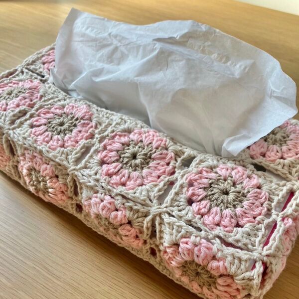 ティッシュカバー かぎ針編み お花モチーフ ピンク ハンドメイド