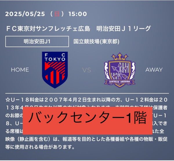 FC東京対サンフレッチェ広島戦 チケット 2枚バックセンター1階席17列通路側からペア