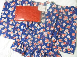 新品 ￥2979 帯付き 3点セット 浴衣ドレス 130cm スカート 子供用 女の子 リボン 花柄 ネイビー 紺色 赤 シフォンリボン 