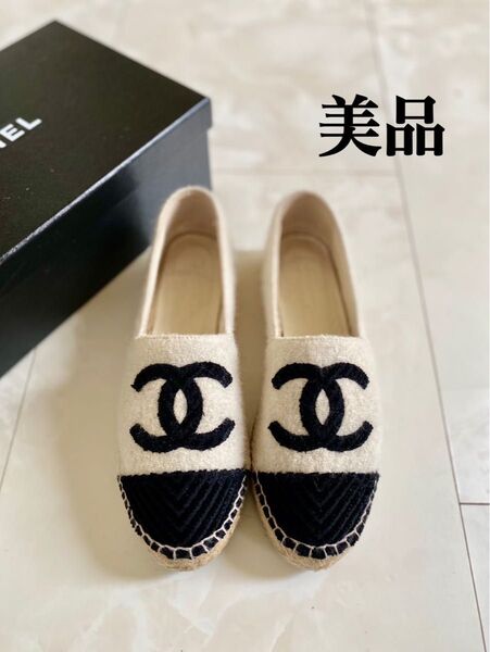 美品 シャネル エスパドリーユ スリッポン スニーカー フラットシューズ ブラック ロゴ 37 23.5cm CHANEL