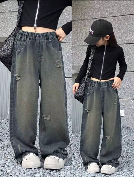 キッズ ダメージ加工 デニム ワイドパンツ グレー