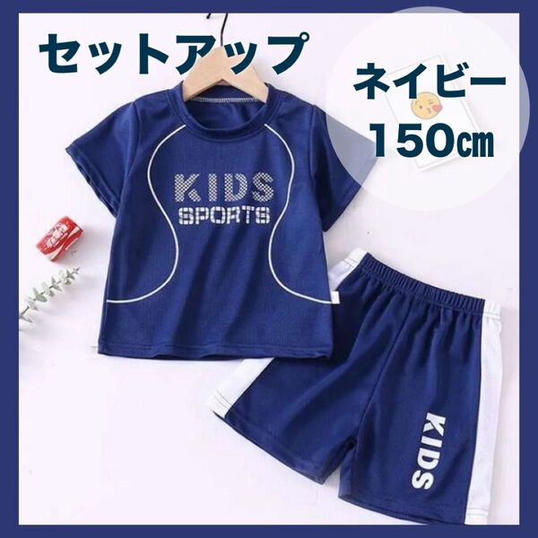 セットアップ スポーツ ユニフォーム キッズ 子ども パジャマ 部屋着 運動着 ハーフパンツ 半袖 ジャージ ネイビー 150 紺