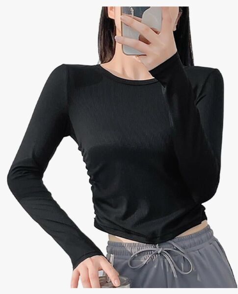 ヨガウェア.ジムTシャツ.トレーニングウェア 長袖 服 黒 L スポーツウエア トレーニングウエア