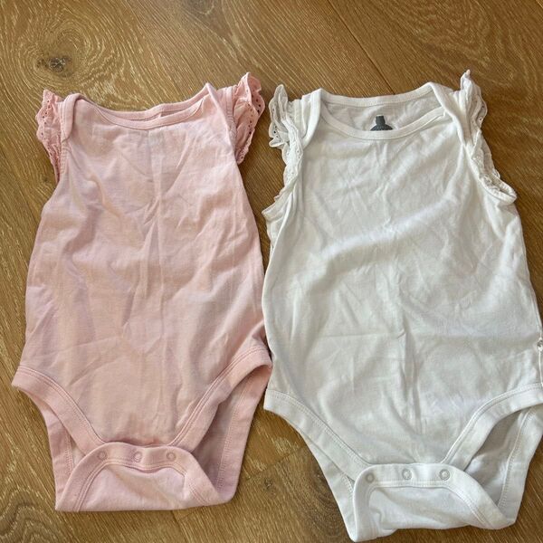 ベビー服 半袖ロンパース 2枚セット ピンク/白 レース