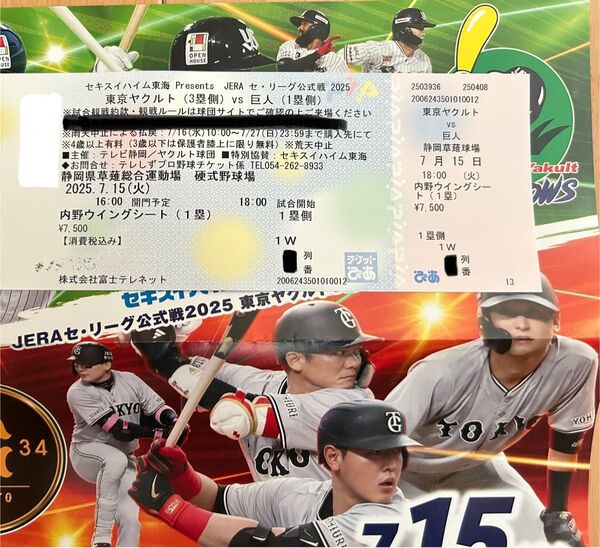 7/15 火曜日 巨人 チケット ヤクルト 静岡 草薙 ジャイアンツ