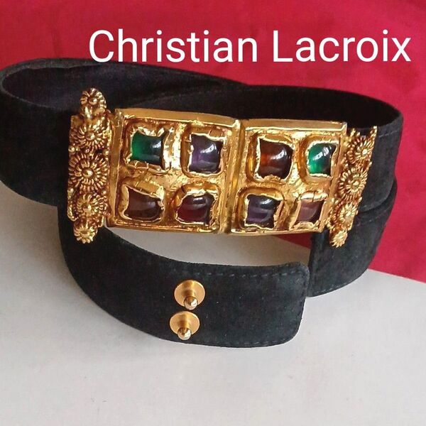 Christian Lacroix クリスチャン ラクロワ 緑 赤 オレンジ 紫 ベルト 1ケ所金具欠損 ストーン ヴィンテージ