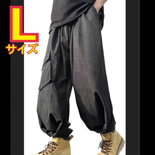 ワイドパンツ メンズ ズボン サルエルパンツ 春 夏 黒 L イージーパンツ ブラック パンツ ゴム カジュアル