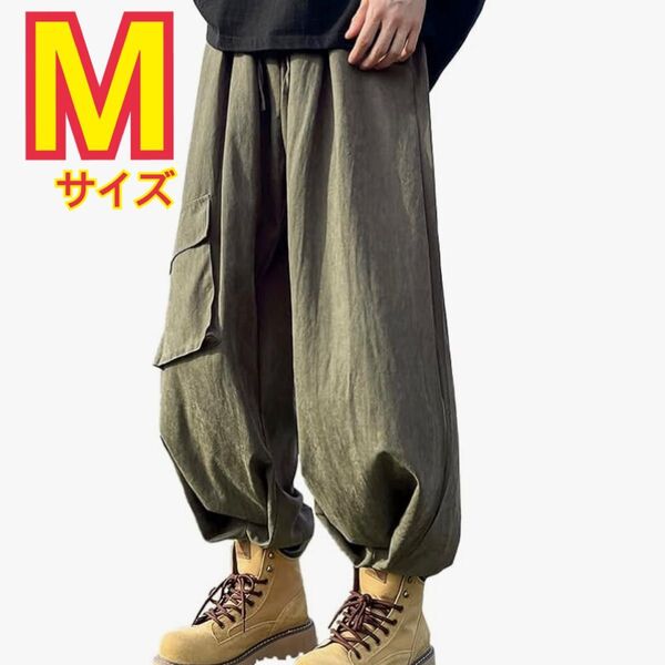 ワイドパンツ メンズ ズボン サルエルパンツ 春 夏 カーキ M イージーパンツ カジュアル ズボン イージー パンツ ボトムス