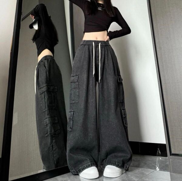 L 黒 デニム カーゴパンツ ユニセックス ジョガーパンツ ワイドパンツ ゴム