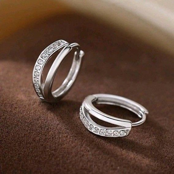 金属アレルギー対応ステンレスピアス 1ペア ラインデザイン ジルコニア二重レイヤー フープピアス