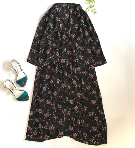NATURAL BEAUTY BASIC ナチュラルビューティーベーシック 花柄 シャツワンピース 七分袖 M 黒