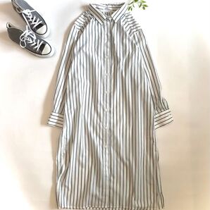 NAVY ネイビー ストライプ シャツワンピース M 白