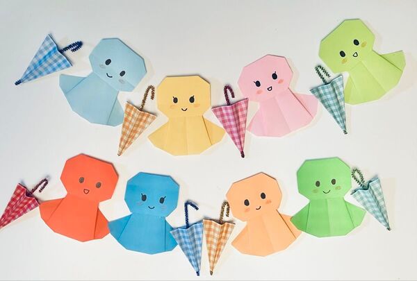 梅雨の 壁面飾り てるてる坊主 ちゃん と カラフル パラソル