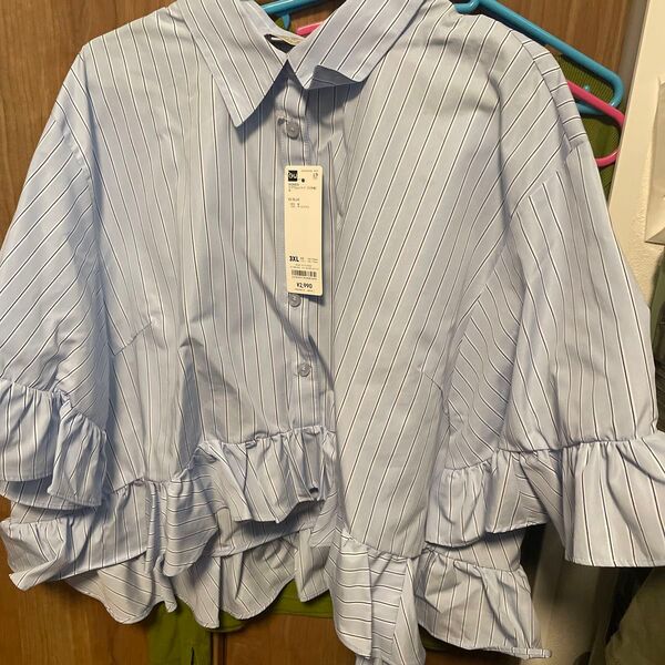 GU ぺプラムシャツ5分袖 BLUE 3XL