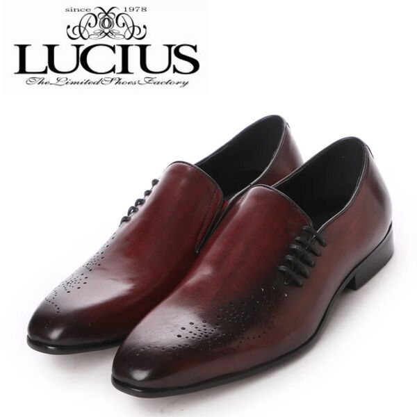 【新品未使用】LUCIUS ビジネスシューズ プレーントゥ メダリオンサイドレースアップ スリッポン バーガンディ