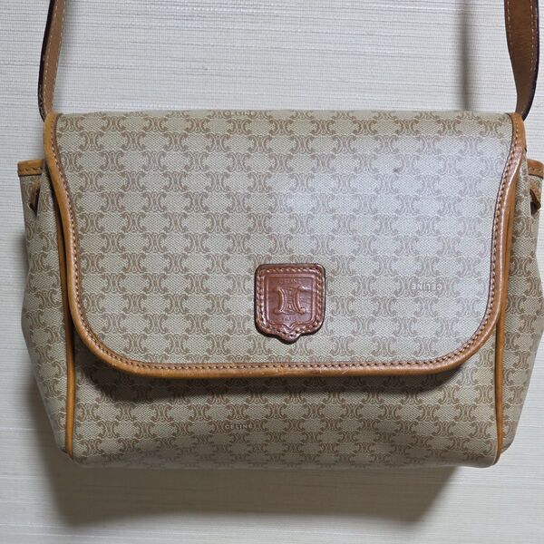 【良品】 セリーヌ マカダム ショルダーバッグ 肩掛け 斜め掛け ベージュ レディース 女性用 CELINE PVCレザー