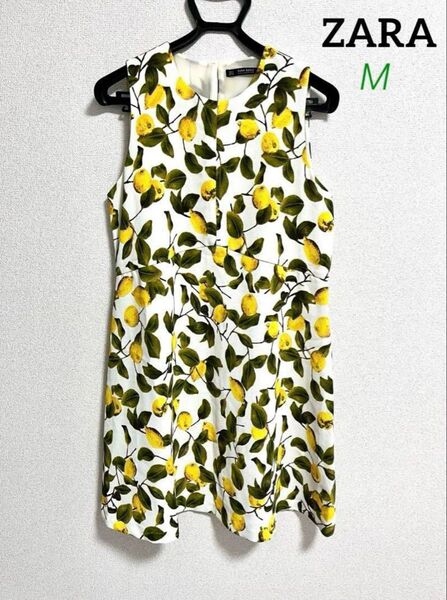 美品 ZARA レモンプリント ノースリーブ ワンピース Mサイズ