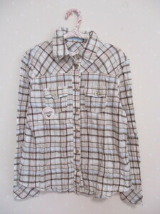 * Pom Ponette * pretty check pattern long sleeve shirt *L* beige 0504