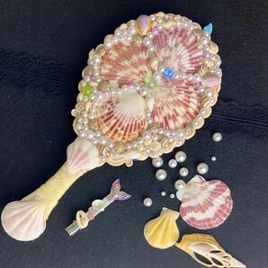 (真珠の花海鏡)貝殻の手鏡とヘアクリップ付き