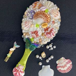 鏡「木霊の光」貝殻の手鏡とヘアクリップ付き