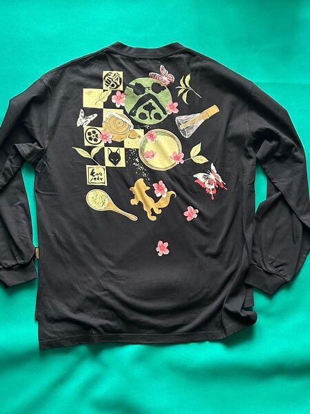 〈今昔〉新品 タグ付き 狐 お茶 和風プリント ロングTシャツ メンズ フリーサイズ
