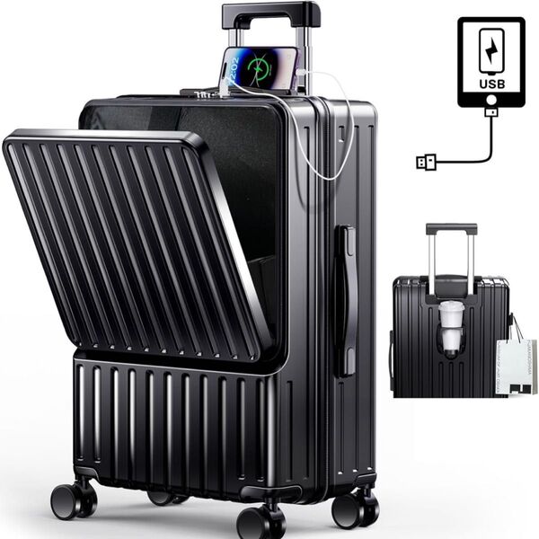 新品 スーツケース キャリーバック 軽量 カップホルダー USBポート 機内持込 フロントオープン Sサイズ