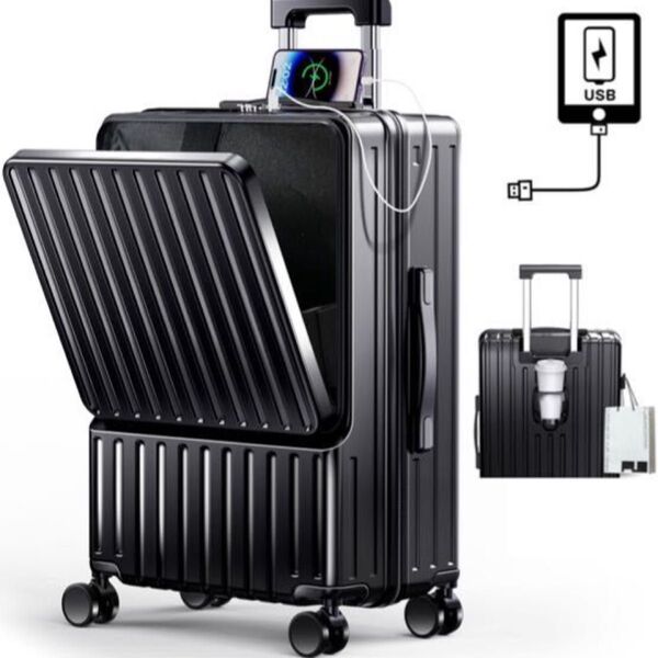 スーツケース キャリーケース フロントオープン キャリーバッグ 軽量 ブラック USB カップホルダー 機内持ち込み Sサイズ
