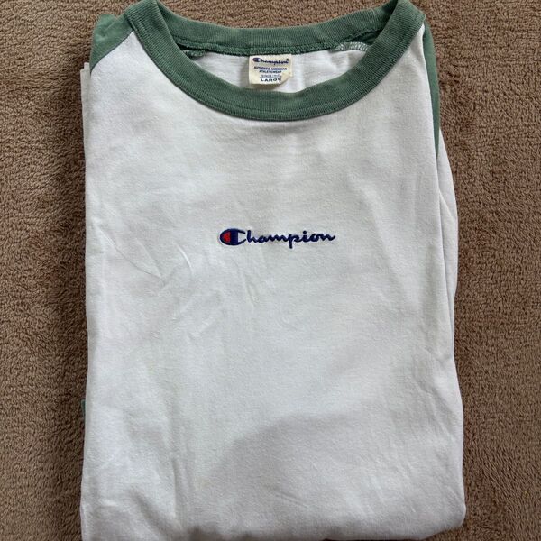 Champion リンガーTシャツ ホワイト×グリーン LARGE メンズ 七分袖