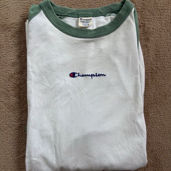 Champion ラグランTシャツ ホワイト×グリーン LARGE メンズ 七分袖