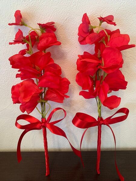 赤いスイートピー、造花、ハンドメイド、2束セット