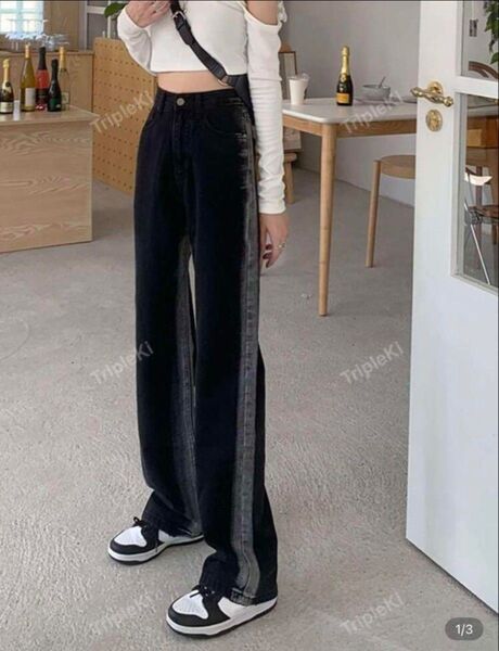 SHEIN サイドラインデニムパンツ ブラック Sサイズ