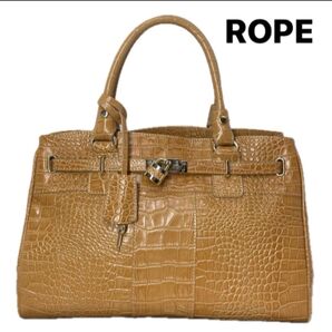 ROPE クロコ型押し ハンドバッグ キャメルカラー 大容量ビジネスに最適サイズ