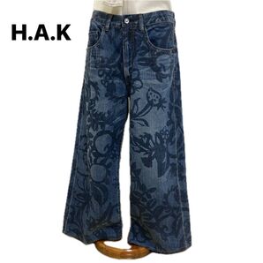 H.A.K 総柄 いちご りんご 花 ワイドデニムパンツ Mサイズ