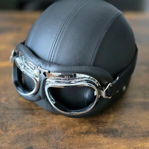 ビンテージ風ハーフヘルメット【未使用】ブラウンレザーゴーグル付き