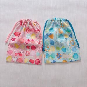 給食袋 巾着 ハンドメイド 女の子 リボン ちょうちょ ピンク 水色