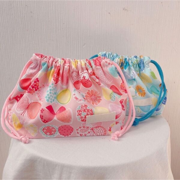 お弁当袋 巾着 ハンドメイド 女の子 リボン ちょうちょ ピンク 水色