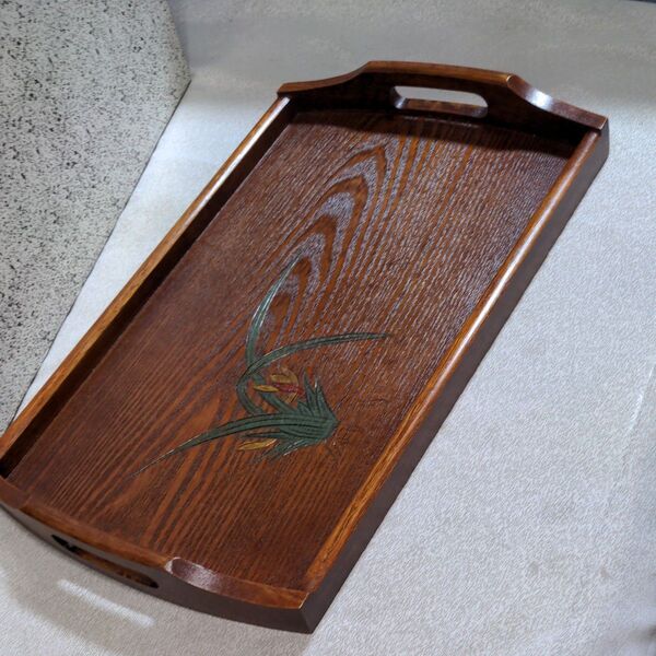 木製の漆器長手角型盆 左右持ち手穴あき 手づくり木製漆器 尺四寸盆 天然木使用 万年青彫絵模様木目柄 未使用品