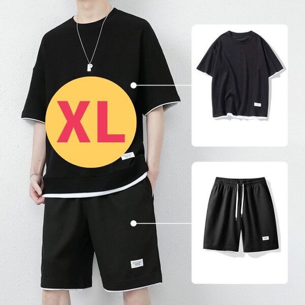 メンズ セットアップ 黒 XL 半袖 ハーフパンツ 部屋着 ルームウェア 夏