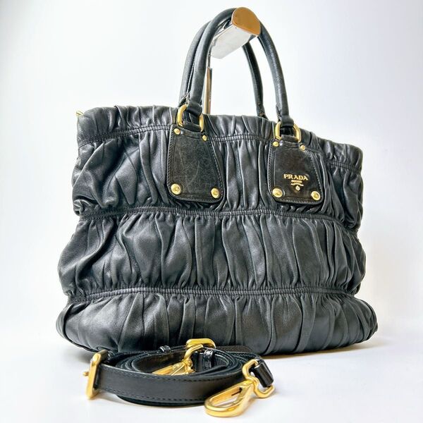 PRADA プラダ ギャザー レザー ハンドバッグ トートバッグ ナッパレザー 2WAY ショルダーバッグ