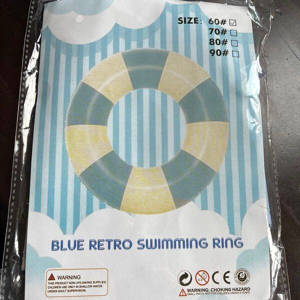 ブルーレトロ水泳リング 新品未使用 プール 水色 浮き輪 幼児 60センチ 水遊び マカロンカラー ストライプ 子供 夏