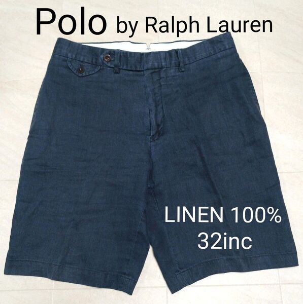 【良品】Polo by Ralph Lauren ポロバイラルフローレン リネン100% ショートパンツ ネイビー