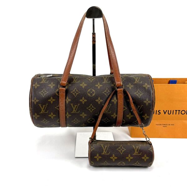 LOUIS VUITTON モノグラムレザー ハンドバッグ パピヨン30 旧型 ルイヴィトン ブラウン 筒型