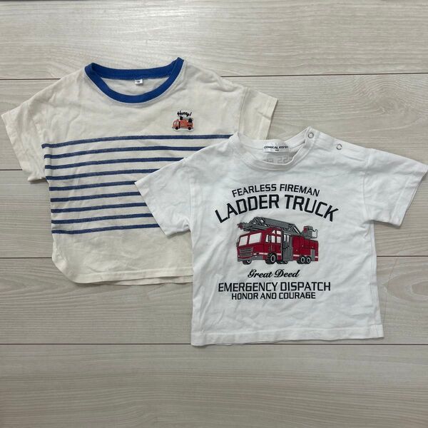 Tシャツ 半袖 キッズ 男の子 2枚組 くるま 消防車 90cm