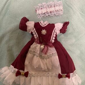 幼SD アウトフィット 真紅のベルベットドレス 真珠のアクセサリー フリル付きヘッドドレス ディーラー製 ドール服 お洋服 服