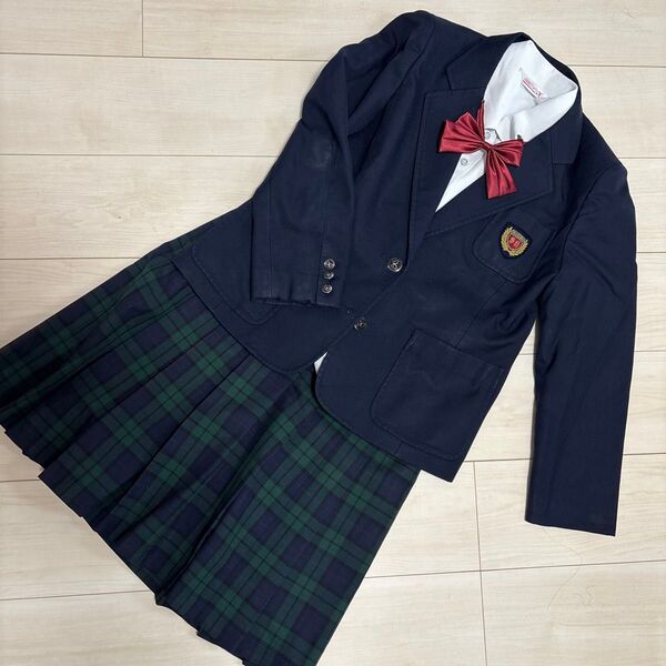 Aブレザー チェックスカート リボン 上下4点セット 大きいサイズ 冬物 女子 学生服 宮崎鵬翔高校 紺 森英恵 制服