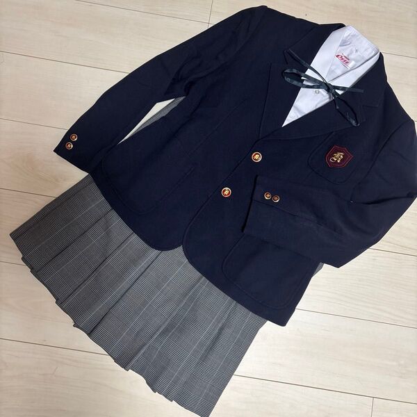 A ブレザー チェックスカート 紐タイ 上下4点セット 165A 大きいサイズ 冬物 女子 学生服 広島亀崎中学 紺