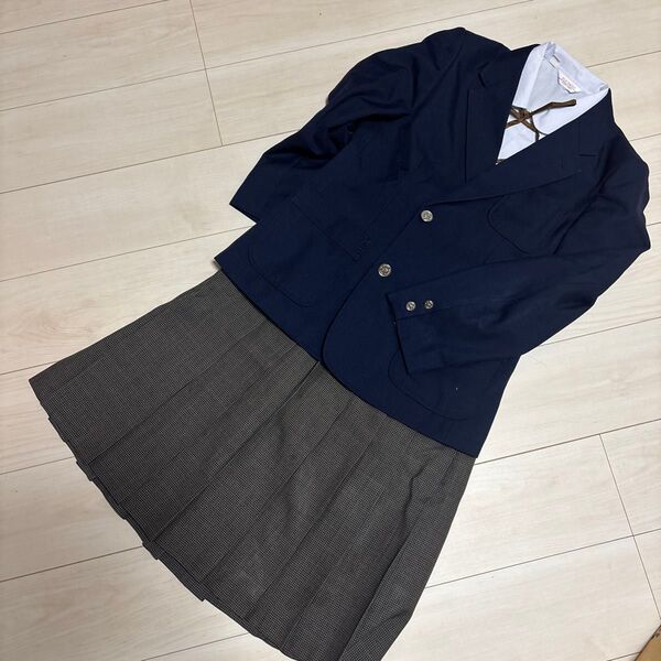Bブレザー チェックスカート 紐タイ 上下4点セット 165A 大きいサイズ 冬物 女子 学生服 広島海田中学 紺 制服