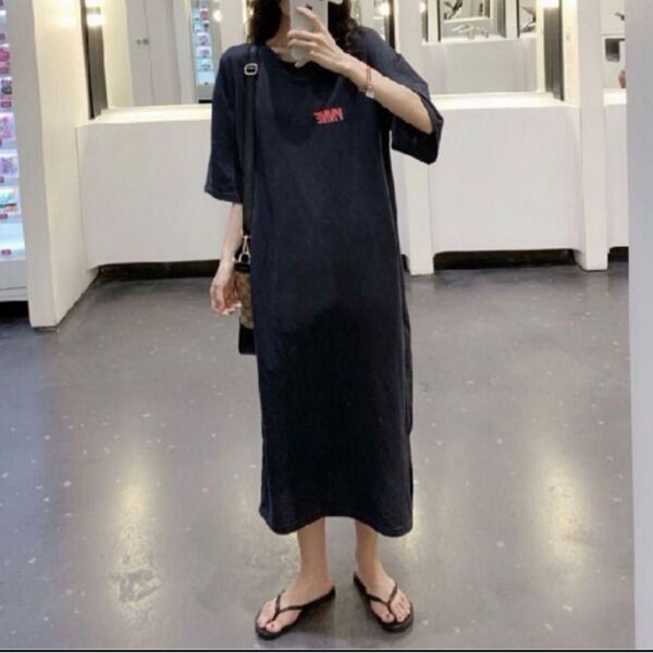 【新品・送料無料】ロゴプリント バック英字 Tシャツワンピース ビッグシルエット 2XL 黒 ゆるだぼ ルームウェアにも◎